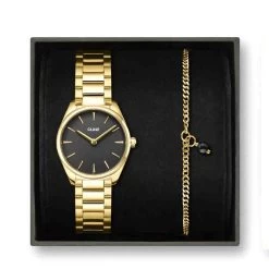 Coffret Cluse Gift Box Féroce Mini Watch Black & Chain Bracelet, Gold Colour - - CG11701