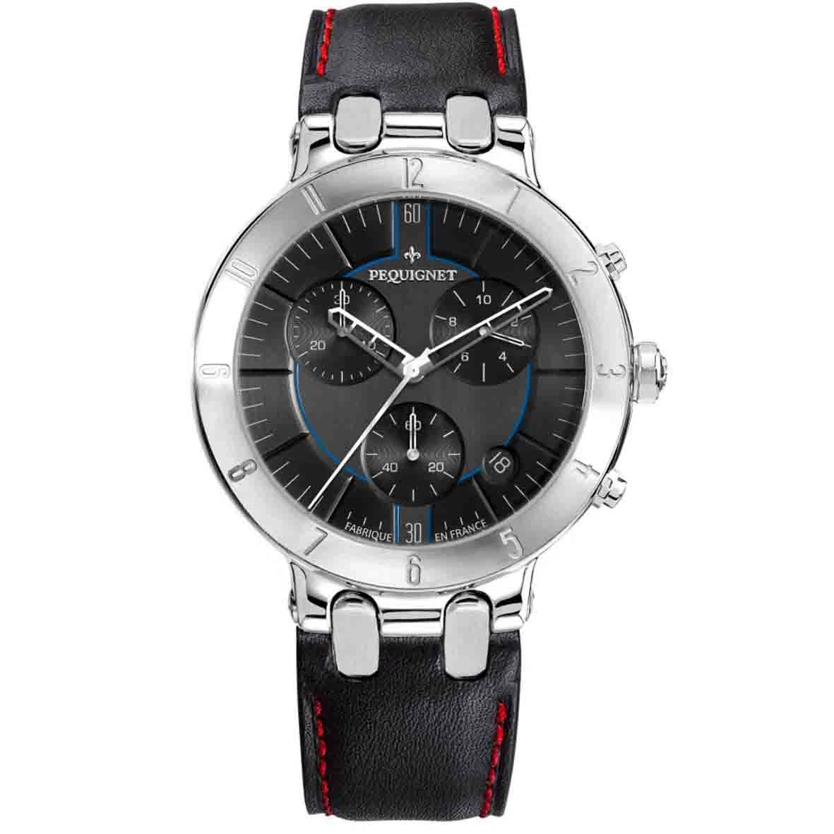 Montre Pequignet Moorea Chrono Acier - Cadran Noir Liseré Bleu 42 Mm - 1370443-CNR 1 Montre Pequignet Moorea Chrono Acier - Cadran Noir Liseré Bleu 42 Mm - 1370443-CNR