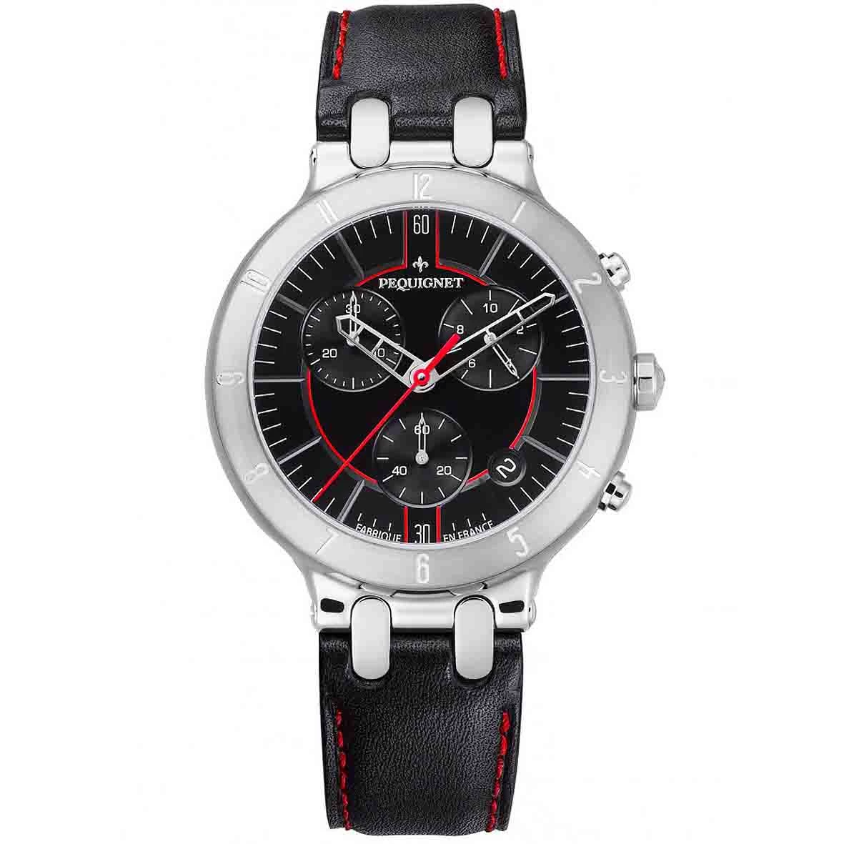 Montre Pequignet Moorea Chrono Acier - Cadran Noir Liseré Rouge 42 Mm - 1370383-CN 1 Montre Pequignet Moorea Chrono Acier - Cadran Noir Liseré Rouge 42 Mm - 1370383-CN