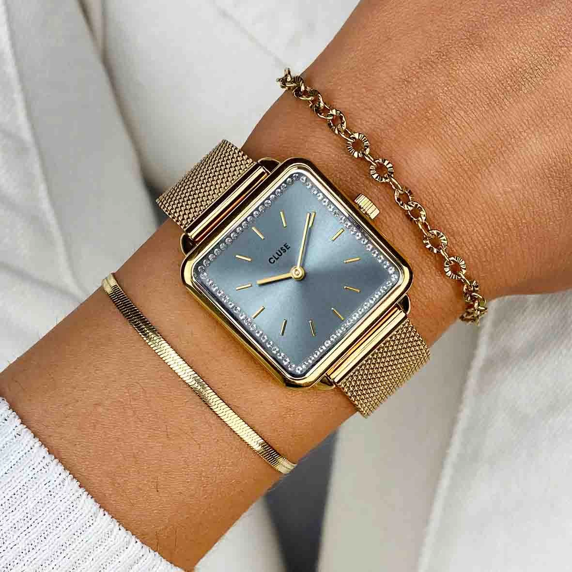 Cluse Tétragone Watch Mesh Stones Light Blue, Gold Colour - 28 Mm - CW10310 2 Cluse Tétragone Watch Mesh Stones Light Blue, Gold Colour - 28 Mm - CW10310 – Image 2